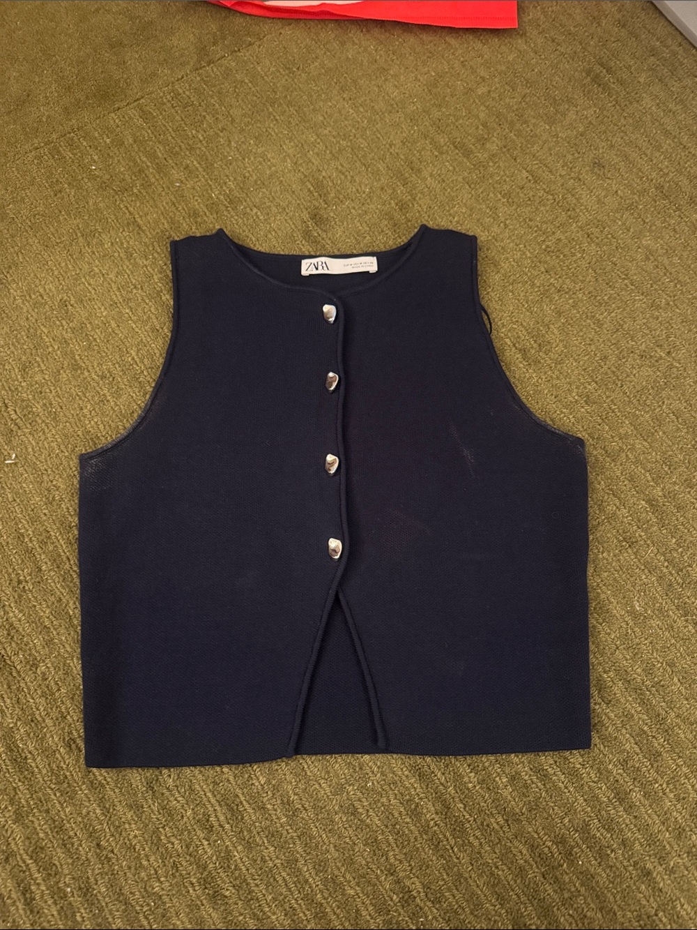 Zara Navy Sleeveless Button Front Top